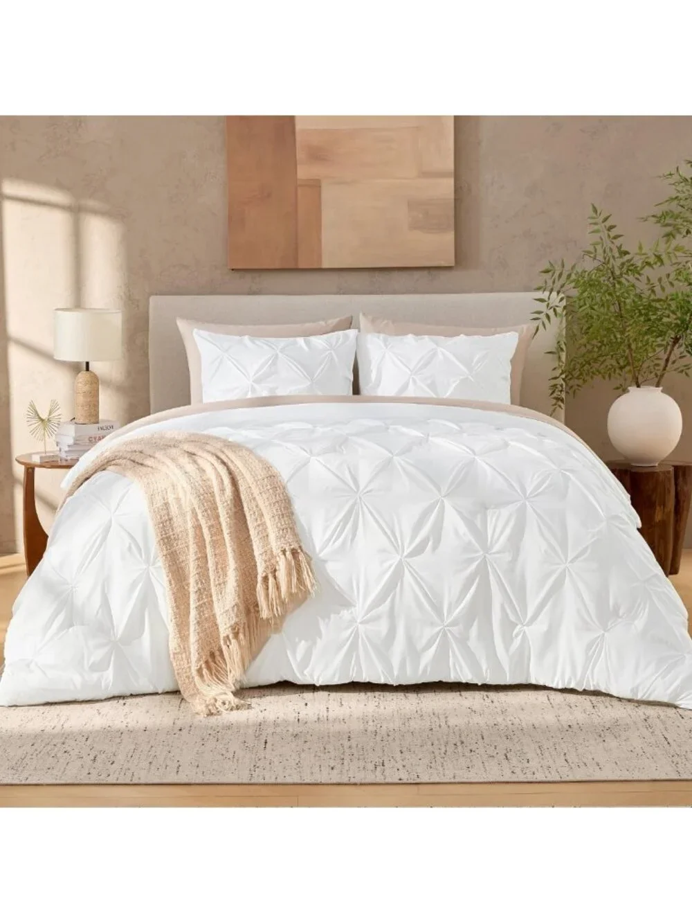 Luxurious Queen White Pinch Pleat Comforter Set - 3 Piece Bedding Ensemble